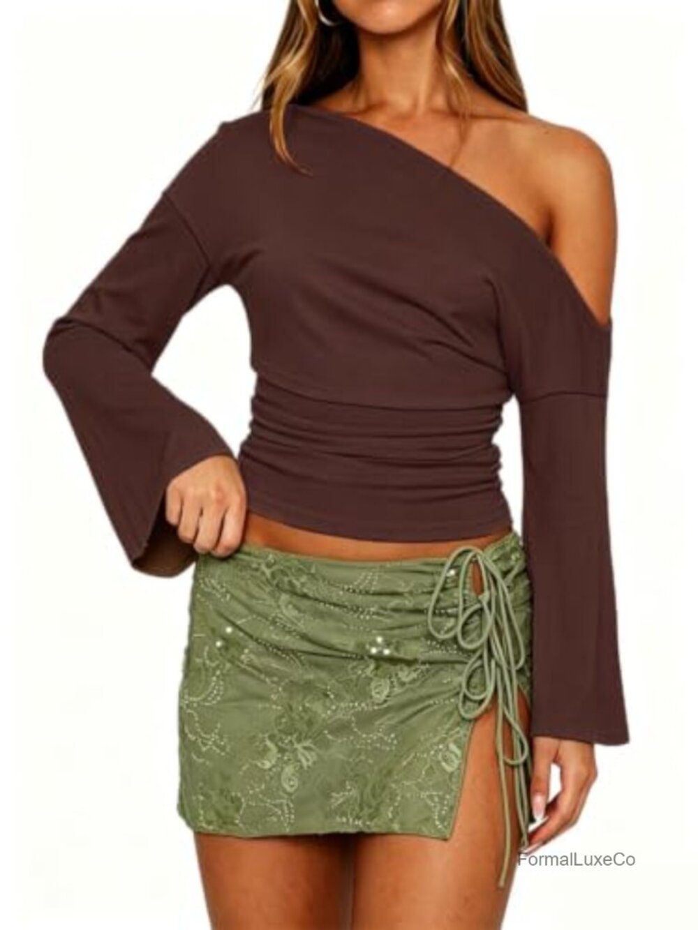 Women's One Shoulder Side Ruched Long Sleeve Crop Top Bell Sleeve
